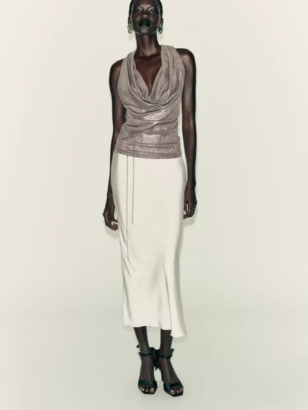 Zara Metallic Taupe Halter Draped Cowl Neck Top - Picture 2 of 8